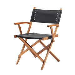 Wooden Folding Directors Chair Black Leather Seat isolated on transparent background cutout