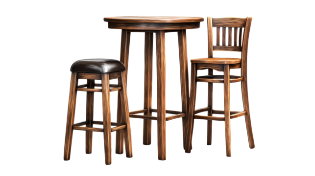 Wooden bar table with two stools and a tall chair