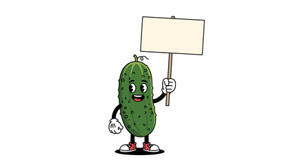 Cartoon pickle character holding a blank sign for your custom message