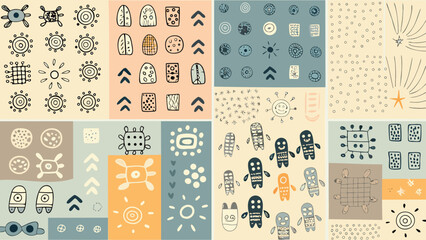 Collage of hand drawn tribal style suns stars shapes and figures on a light colored patchwork background
