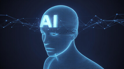 Digital human figure with the word AI on their head, set against a blue wireframe background
