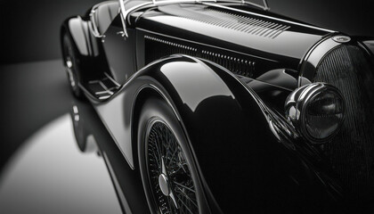 Classic luxury vintage car with sleek black exterior and intricate wire-spoke wheels