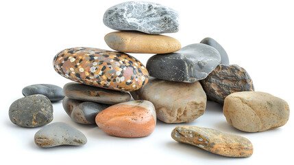 Pile of smooth, multicolored river stones stacked on a clean white background. 