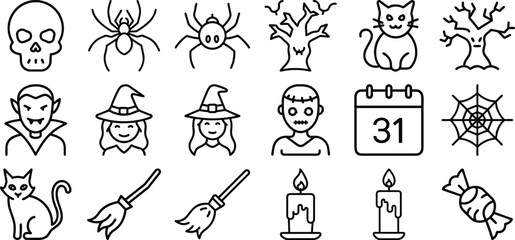 Halloween outline icon set, line icon bundle, editable stroke icon collection