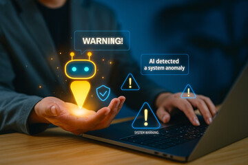 AI chatbot detecting a system anomaly or security threat and sending a warning notification to a user on a laptop.