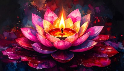 Vibrant lotus flower with a candle.