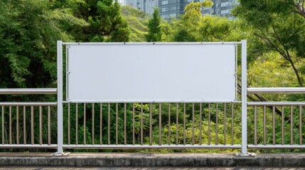 A blank billboard is mounted on a railing in a park, with lush greenery and modern buildings in the background under clear blue skies during daylight.