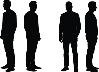 Silhouettes of four standing men in casual poses, black figures, side and front views, isolated on white background