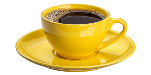 Yellow Coffee Cup with Saucer, Isolated on Transparent Background, Coffee Drink, Morning Beverage, Coffee, Cup, Saucer