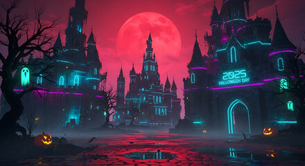 A halloween scene with castles and a red moon in the background with pumpkins and ghosts visible too
