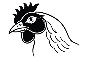 Black Rooster, Detailed Crest, Chicken Head, Outline on White