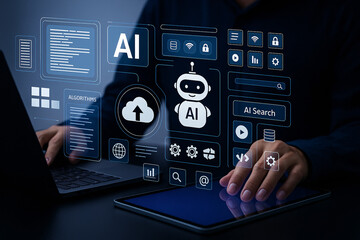 Developer programming an AI chatbot, managing data with cloud computing, and analyzing information on a futuristic virtual interface with a laptop and tablet.