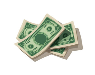 A cartoon-style image depicts a pile of three US dollar bills.  The bills overlap, creating a 3D effect.  Green and beige colors are used