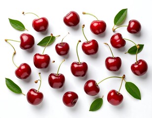 Fresh cherries arranged in a symmetrical pattern on a white background.