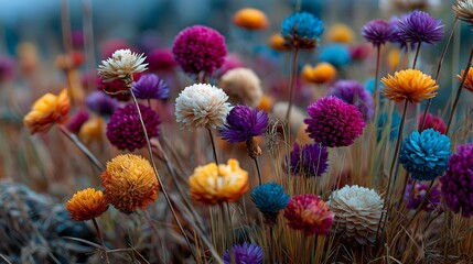 Macro Close-Up of Colorful Dried Flowers with Blurry Background - Magical Burst of Vivid Colors, Wildflower Aesthetic