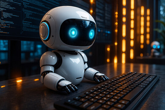 A cute AI robot with glowing eyes working on a computer keyboard. Concept of machine learning, automation, and chatbot customer service