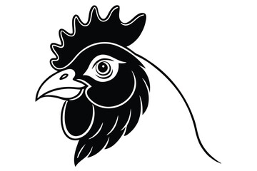 Black Rooster Profile with Comb, Wattle, Eye Details on White