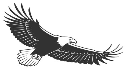 Monochrome graphic depiction of an eagle in flight with detailed wing feathering and sharp beak design