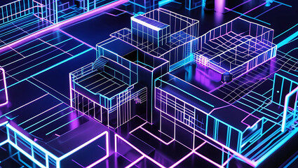 Futuristic Cityscape Wireframe Abstract Digital Art