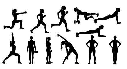 Naklejka premium Capturing dynamic female fitness silhouettes demonstrating diverse exercises like lunges, running, weightlifting, and core strength for a healthy lifestyle promotion