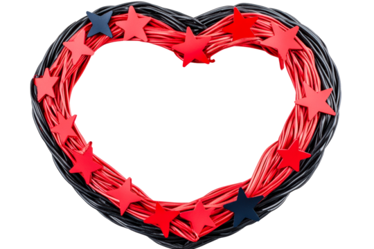 Heart shaped wreath with red and black wires and star embellishments