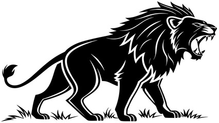 Silhouette of a roaring lion walking through grass with a detailed mane and sharp teeth shown