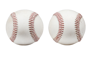 Two identical baseballs, side-by-side, against a black background.  Each ball is white with a distinctive red stitching pattern.  The balls exhibit some minor wear or discoloration