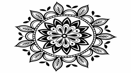 Black and white floral mandala with oval frame and leaf accents in a symmetrical design pattern style
