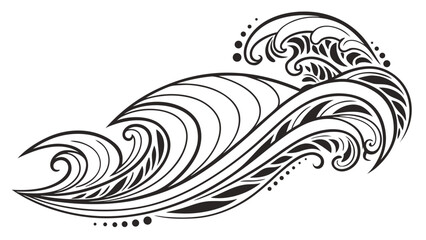 Stylized black and white drawing of a wave with intricate details and decorative elements design art