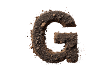 Capital letter "G" sculpted from textured brown dirt, with a splatter of dirt particles