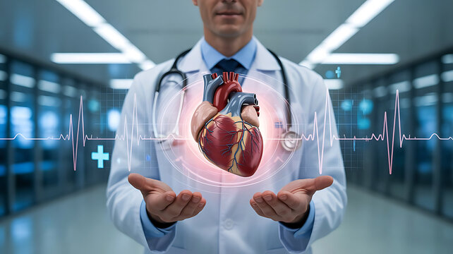 Doctor holding a glowing anatomical heart with medical data overlay in a modern hospital hallway