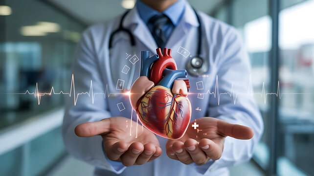 Doctor holding a realistic human heart in hands with medical technology overlay and soft focus background
