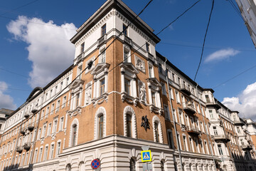 MOSCOW, RUSSIA . Details of the decoration and decoration of the building complex of the insurance...