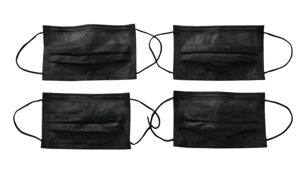 Four black pleated face masks arranged in a grid