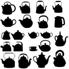 Collection of Vintage Teapot and Kettle Silhouettes:  Graphic Design Elements, Black and White, Simple Style.