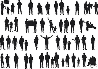 Silhouettes of diverse families and groups, adults and children, social interaction, disability inclusion, community, standing, walking, casual lifestyle