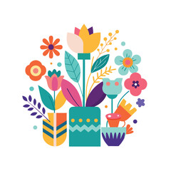 Assortment of stylized flowers in decorative pots on white background abstract arrangement