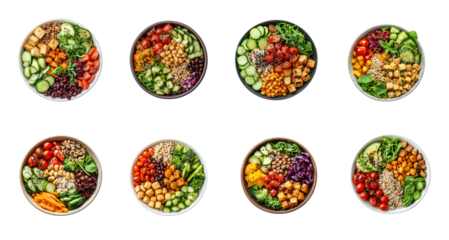 Collection of Buddha Bowl Grains, Veggies Protein top view isolate on transparent background