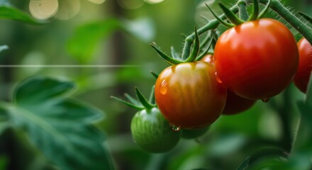 Fresh red cherry tomatoes with water drops on a green vine. Concept of organic farming and healthy nutrition harvest for banner poster or eco market advertising.