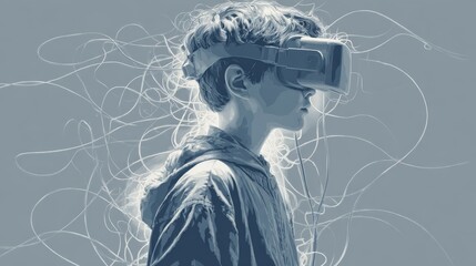 Silhouette of teenager exploring virtual reality with floating data-stream lines