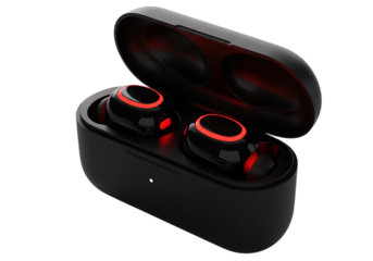 Black wireless earbuds with charging case and red accents isolated on transparent background