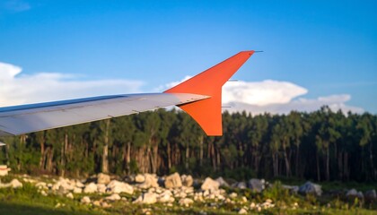 Airplane wing and tail fin against a backdrop of trees and sky.