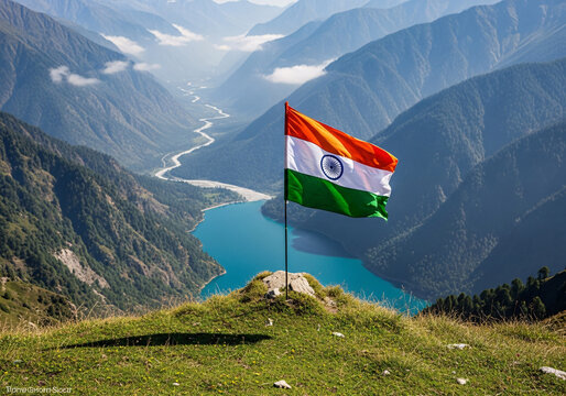 Majestic indian flag waves proudly over a serene turquoise lake amidst towering himalayan peaks