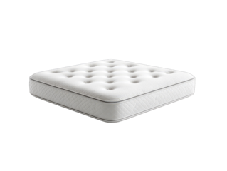 A square, off-white mattress, featuring evenly spaced, small, raised button tufting