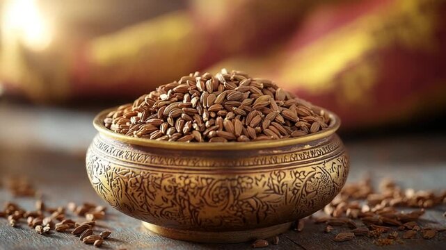 close-up of cumin seeds in a traditional indian brass spice container video