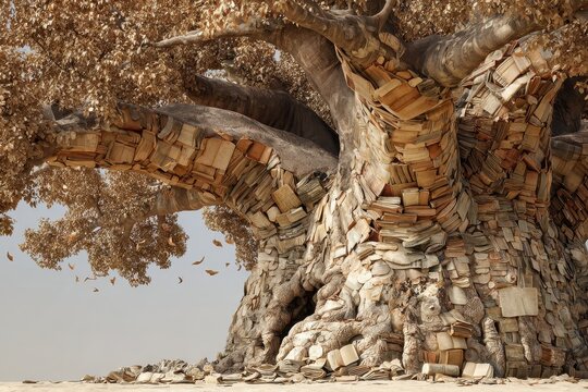 Ancient Book Tree:  A surreal artwork depicting a massive tree formed entirely of old books, with leaves falling in a serene landscape.
