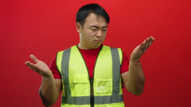 Young man in a reflective vest stands puzzled against a vibrant red backdrop conveying confusion and thought.