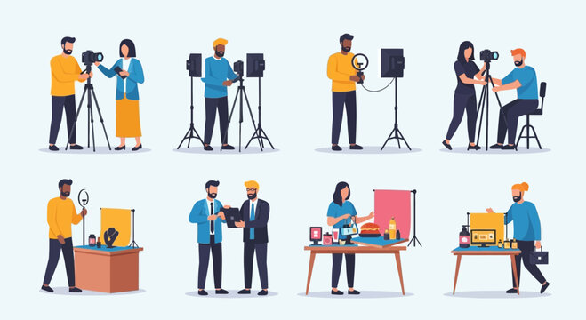 Diverse Content Creators Capturing Media With Professional Equipment Illustration