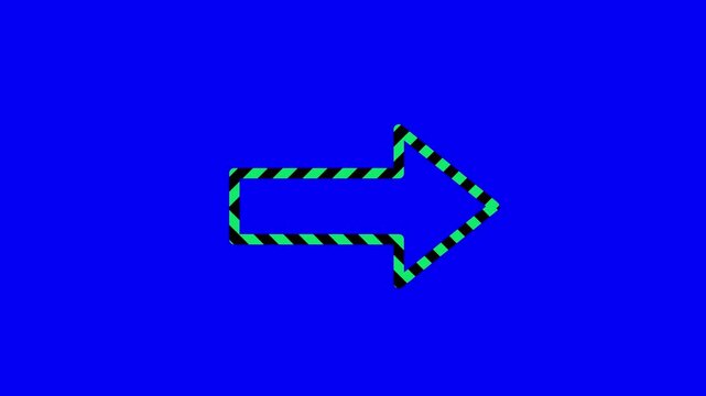 Animated green and black striped arrow pointing right on a solid blue background. The seamless vector motion provides a strong visual cue for navigation, call-to-action banners, and digital signage.