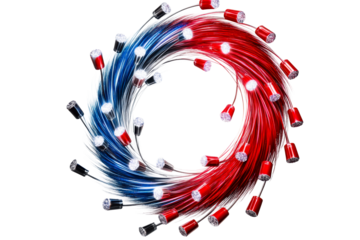 Swirling array of fiber optics with red and blue illumination